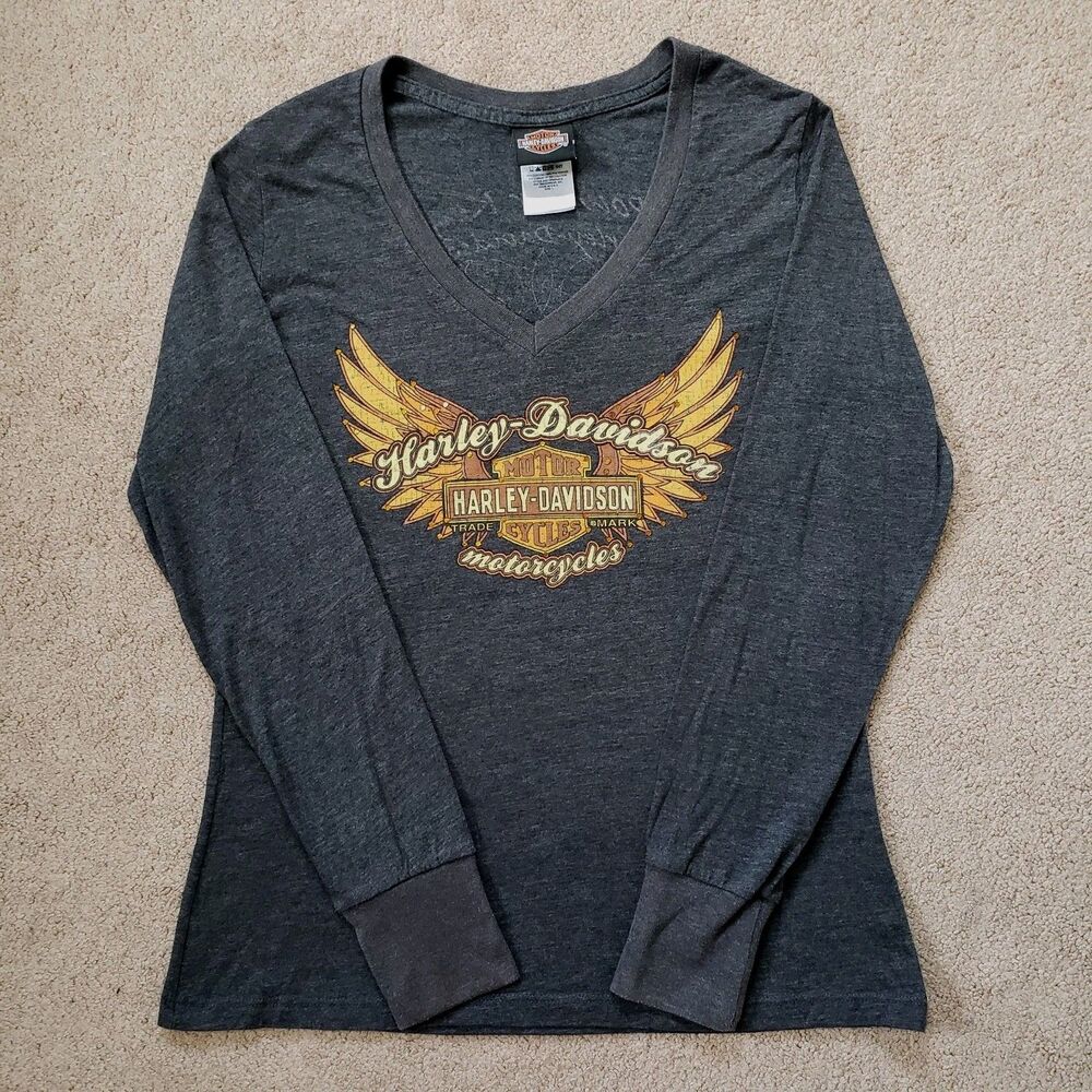 Harley Davidson Long Sleeve Logo Tee Mason Ohio 2013 Rhinestones V-Neck Gray L